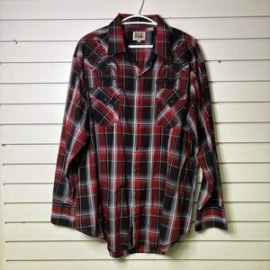 Ely Cattleman Mens XXL Red Black Snap Button Up Shirt Embroidered Western Cowboy